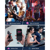 A collage of four images. Top left: a group of people using their phones. Top right: individuals gathered with instruments, attentively experiencing intense vibrations. Bottom left: someone holding a Lovense device while using an online chat app on their phone. Bottom right: two people running on treadmills.